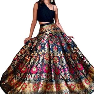 Semi stitched lehenga skirt with black crop top with attached dupatta